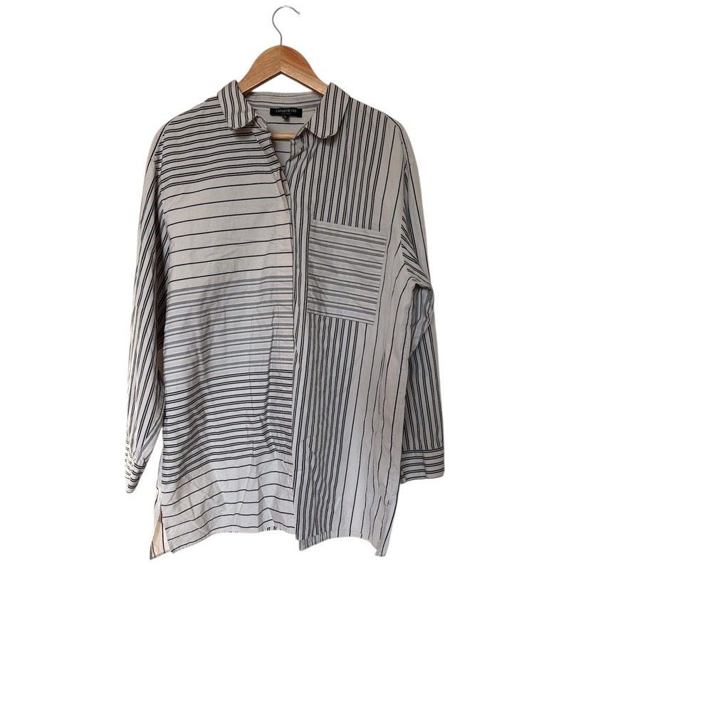 Lafayette 148 New York Womens  Mixed Stripe Button Down Shirt Black White Blouse
